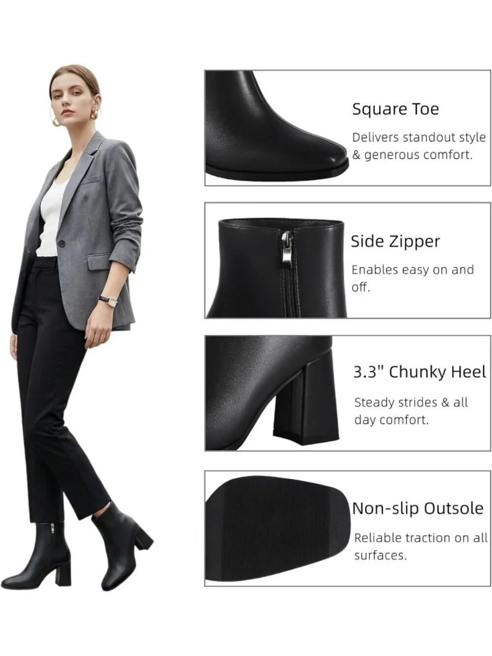 Women’s Matte Black Square Toe Ankle Boots Chunky Block Heel Short Dressy Bootie